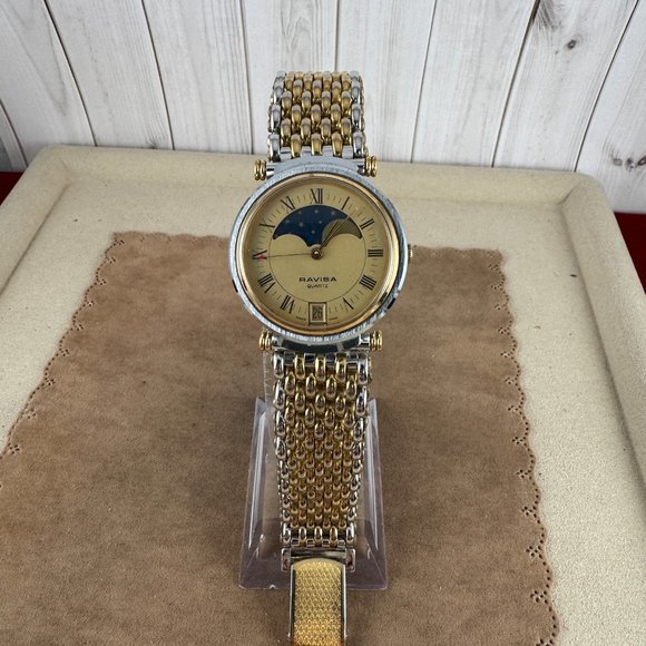 Classic Swiss Made Ravisa Quartz Moon Phase Champagne Dial 2 Tone Ladies Watch - Picture 3 of 12